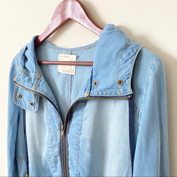 Forever 21 Life Progress Chambray Hooded Jacket S - Picture 5 of 14